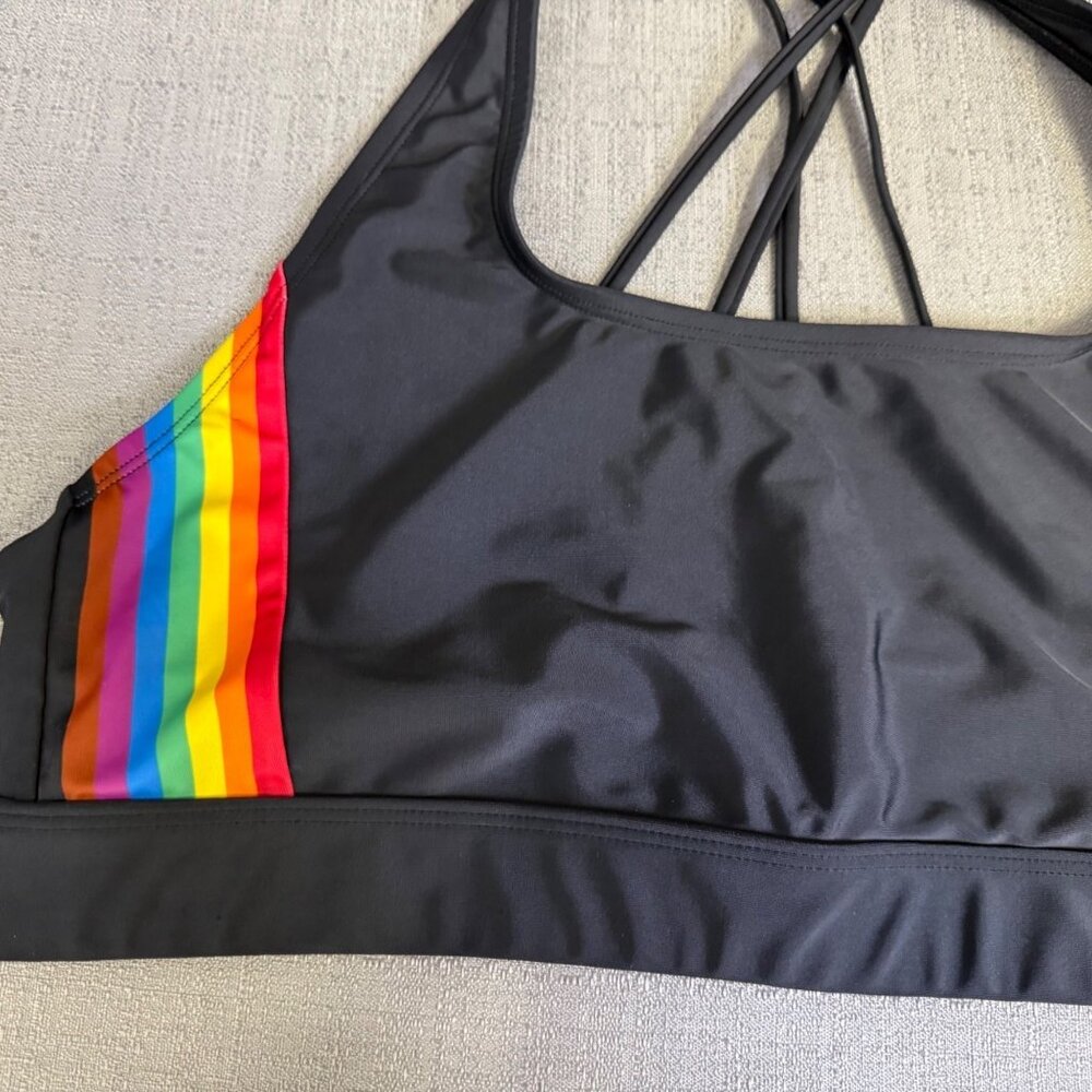 HK X Target Black Sports Bra Rainbow Stripe Strappy Back Size XL - Picture 8 of 11